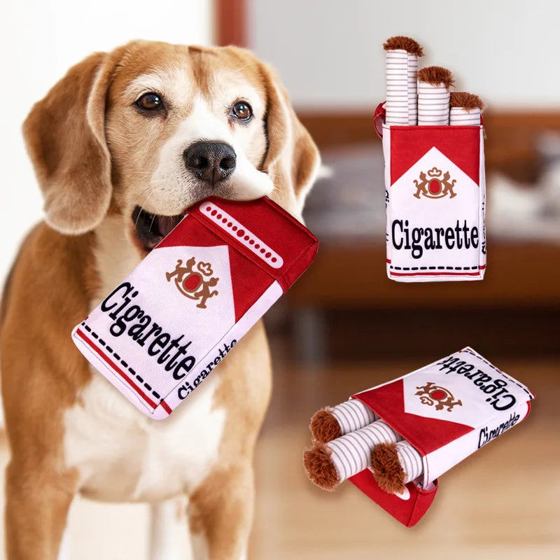 Fun Interactive Dog Toy Cigarette Teething Resistant Toy Pet Dog Plush Chew Toy with Squeak Dog Cigarette Box Toy Pet Gift